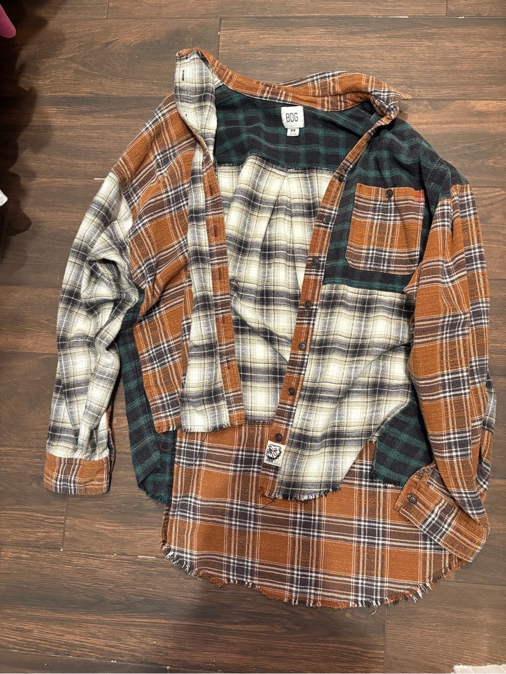 BDG Patchwork Plaid Flannel Jacket — Brown, Cream, Green - Picture 1 of 6